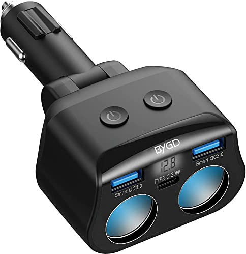 BYGD 12V/24V Allume Cigare Adaptateur 2 Prise | Adaptateur Allume-Cigare avec 20W Type C+2 QC 3.0 connecteurs et USB avec voltmètre LED pour ipad, GPS, Dash Cam