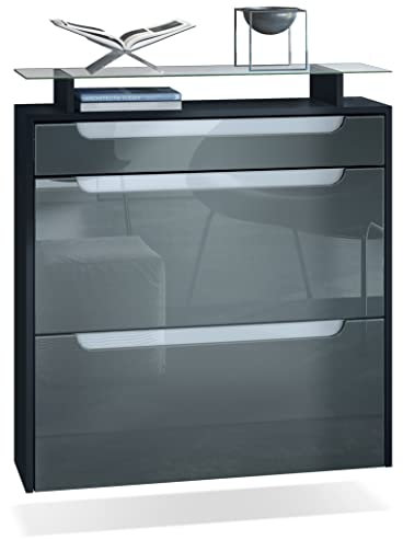 Vladon Schuhschrank Annie, Schuhkipper für 16 Paar Schuhe mit 2 Klappen, 1 Schublade und Glasablage, Schwarz matt/Grau Hochglanz, Griffmulden in Weiß Hochglanz (89 x 95,5 x 23 cm)