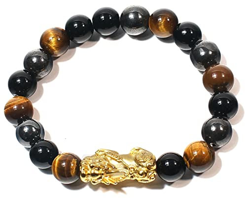 RICHRAIN Bracelet Porte-Bonheur Triple Protection Feng Shui Pour Homme Bracelet Porte-Bonheur Pierre Naturelle Lithothérapie Oeil De Tigre Obsidienne Hématite (10mm)