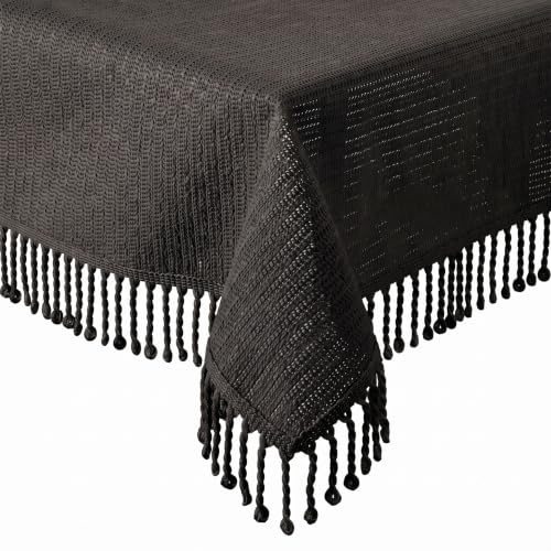 Tischdecke Outdoor Wetterfest - Gartentischdecke Eckig 130x160 cm Schwarz | Rutschfest & UV-Beständig in 7 Farben mit Fransen - Weichschaum PVC Tischdecke Abwaschbar & Waschbar bei 30°C