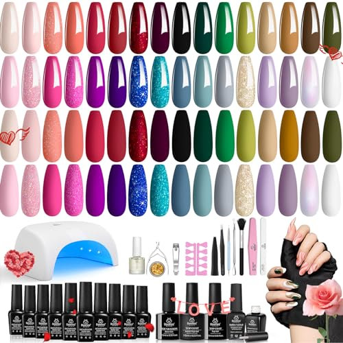 Beetles Gel Nail Polish Kit with Uv light 52 Pcs Gel Starter Kit 32 Colors Pink Blue Red Glitter Gel Polish Set Soak Off Base Top Coat Builder Blooming Gel Art Manicure Kit Christmas Gift