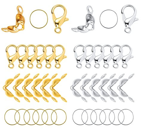 AIEX 540Stck. Schmuckherstellung Zubehör, 240 Knotenabdeckungen für Perlenspitzen, 240 Sprungringe Schmuck und 60 Schmuckverschlüsse Set, Schmuckherstellung Set (Gold, Silber)