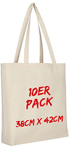 TEXXILLA Baumwolltasche - 10er Pack | Natur | mit Zwei Langen Henkeln, Boden- und Seitenfalte | 38x42cm | Jutebeutel | Einkaufstasche | unbedruckt