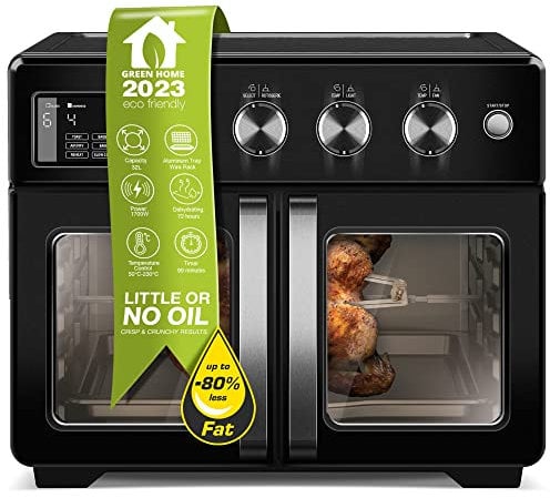 TurboTronic - Mini forno a convenzione 4 in 1 e friggitrice ad aria calda, versione XXL, 32 l, con spiedino girevole e molti accessori, teglia, essiccatore a partire da 25 °C e grill (nero)