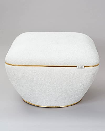 Qiyano Hocker Pouf großer Sitzhocker kuscheliger Teddystoff in Weiß modern quadratisch bequem für Wohnzimmer, Schlafzimmer, Kunstlederverzierung in Gold, Höhe ca. 43 cm, Farbe: Weiß