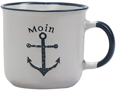 Seaside No.64 - Vajilla marítima de gres - Motivos de ancla, timón y barco de papel - Cerámica de gres blanco y azul - Juego de utensilios de cocina - Artículo de regalo (blanco, ancla para tazas)