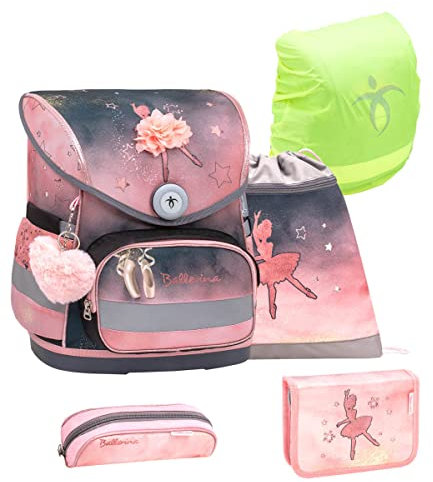 Belmil ergonomischer Schulranzen Set mit Regenschutz 5 -teilig für Kinder 1-4 Klasse Grundschule/Brustgurt/Magnetverschluss (Ballerina Black Pink)