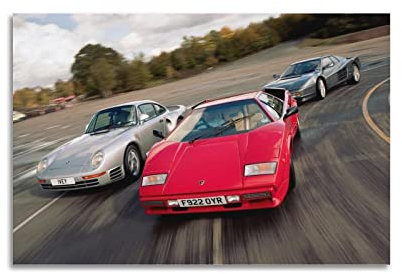 Vintage Super Sports Car Poster Ferrari 512tr und Lamborghini Countach 5000 und Porsche 959 Poster Deko Gemälde Leinwand Wandposter und Kunstbild Druck Moderne Familie Schlafzimmer Dekor Poster 12x
