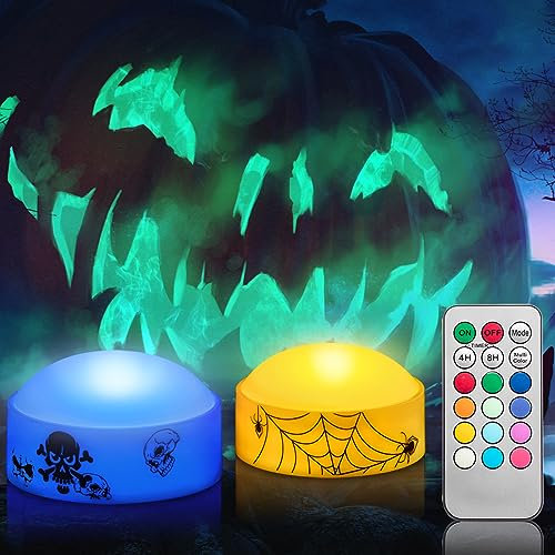 CANDLE IDEA 2 Stück Farbwechsel Halloween Flammenlose LED Kürbis Kerzenlichter mit Fernbedienung und Timer, farbige batteriebetriebene Jack-O-Laterne für den Außenbereich Halloween Kürbis Dekoration