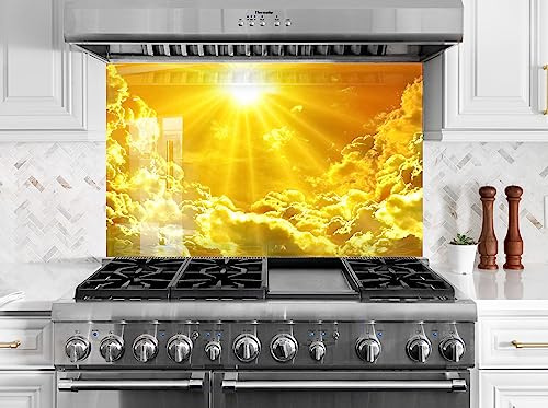 Myphotostation.com 70WX43H'' Tempered Glass Sunny Sky Backsplash Design Cooker Wall Backsplash Panel Glass Splashback For Kitchen Panel Design Yellow Clouds Splashback