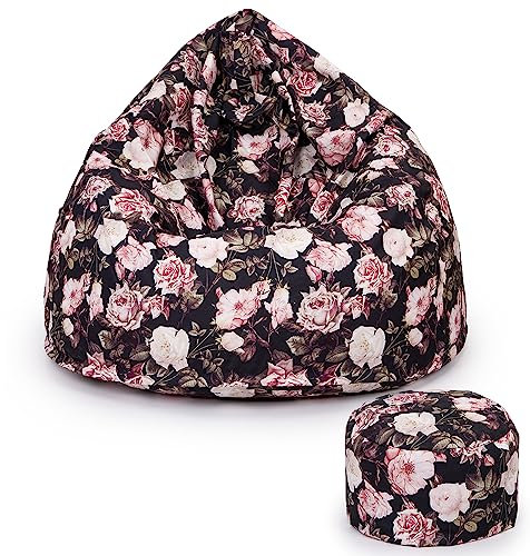 Bielik Sitzsack XXL mit Hocker Sitzkissen Bodenkissen Sessel Kissen In & Outdoor Gaminggeignet Sitzsack für Jugendliche und Erwachsene Beanbag mit Füllung 350L (Rosen)