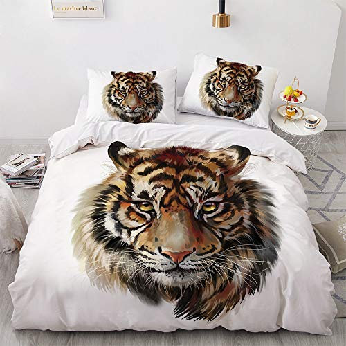 YASMENG Tiger Bettwäsche 135x200 Tiermotiv Braun Weiß 3D Bettbezug Set Weich Flauschig Mikrofaser Bettwäsche 2teilig für Geschenke Zimmer Deko mit Reißverschluss und 80x80 cm Kissenbezug