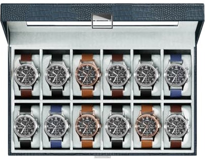ProCase Uhrenbox mit 12 Fächern, Uhrenkasten mit Glasdeckel, Uhrenkoffer mit Uhrenkissen, Uhrenaufbewahrung, Premium-Uhrenschatulle, PU-Leder Uhrenkasten, Watch Box für Herren - 12 Fächer, Blau