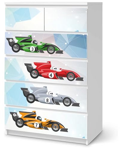 Sunnywall® Möbelfolie passend für IKEA Malm Kommode Schrankfolie Aufkleber mit Rennwagen Formel 1 Motiv | blasenfrei verkleben | Kinderzimmer 6er 80 cm