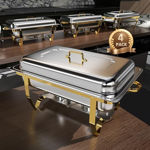 Amhier Set di scaldavivande per buffet, set di scaldavivande e scaldavivande da buffet di alta qualità, per compleanni, matrimoni, design con bordo arrotolato con oro e argento, confezione da 4