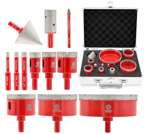 FOCSTOL Scie Cloche Diamant - 12 pièces (6/8/10/20/25/35/50/68/100mm+20mm Fraise+50mm Mèches Chanfrein Biseautées+6mm Foret au Carbure) Foret Diamant Carrelage pour Porcelaine Carrelage Marbre Granit