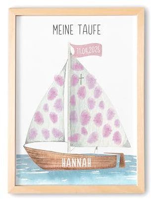 Gästebild Taufe Fingerabdruck Gäste Bild Gästebuch personalisiert Mädchen Jungen mit Segelboot Taufgeschenk Geschenk (mit und ohne Bilderrahmen)