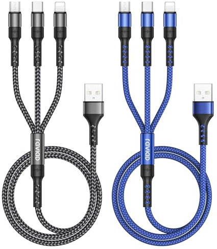 RAVIAD Multi Ladekabel 3 in 1, [2Stück 1.2M] Universal Ladekabel Mehrfach Anschlüsse Nylon Multi USB Kabel mit Micro USB Typ C Lightning für iPhone 16 15 14 Pro, Galaxy S25 S24 S23, Huawei, PS5