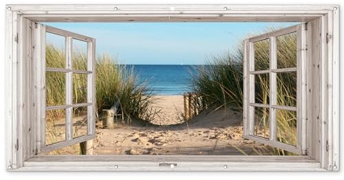 MuchoWow© Gartenposter Groß 200x100 cm XXL Outdoor Bilder Gartendeko für draußen Wetterfest Garten Deko Banner Sichtschutzmatte Draußen Bild Fensterblick - Strand - Meer - Dünen - Sand - Wasser