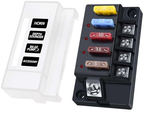 YEZriler 12V Sicherungsblock, 4 wasserdichte Schaltkreise, Marine Sicherungsplatte, Relaiskasten-Set mit LED-Anzeige, Feuchtigkeitsschutzdeckel, Sicherungskasten Set 12V, Sicherungsblock mit