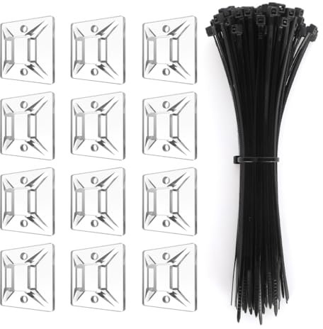 Kcmell Cable Ties Set, 120 Pcs Black Cable Ties 150mm and 120 Pcs Clear Self Adhesive Mount Base Holders 20mm, Self-Locking Heavy Duty Zip Ties Nylon Plastic Tie Wraps for Home Office Garden Warehouse
