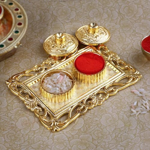 LUXCKY Golden Decorative Designer Roli Chawal/Rice Holder, Kumkum Haldi Holder Rakhi Pooja Thali Indian Festival Diwali Pujan Mandir Tika Roli Plate (Rectangle Shape)