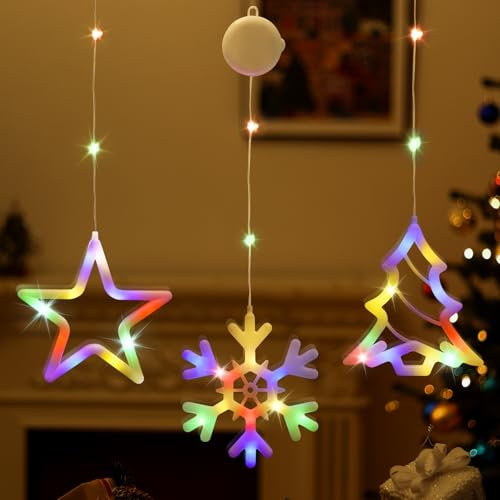 Lewondr LED Sterne Weihnachtsbeleuchtung,3 Stück Weihnachtsdeko Fenster Licht mit Saugnäpfe, Timer,Batteriebetrieben,Fenster Lichterkette Innen für Weihnachten Deko,Balkon,Party,Hochzeit,Bunte Lichter