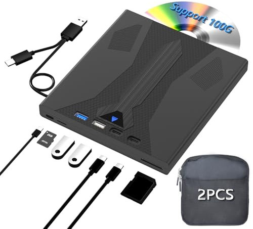 8 in 1 External Blu Ray Drive, Support 100G Disc USB 3.0 and Type-C Blu Ray Burner Portable Blu Ray DVD/CD/BD Player, 3D Optical Bluray Drive Compatible with Windows Macos for MacBook Laptop Desktop