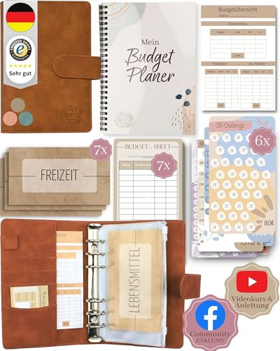 BeginnerBudget® Budget Planner Deutsch - Starterset mit Sparchallenge + Budgetplaner (144 Seiten) - Sparen mit Umschlagmethode + Anleitung Ringbuch, Binder A6 Wildleder, vegan (Braun)