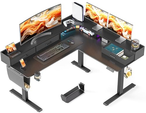 WALKINGDESK Höhenverstellbarer Eckschreibtisch 160 x 140 cm | Elektrischer L-förmiger Schreibtisch mit Monitorstände, 3 Schubladen, Computertisch für Homeoffice Gaming, Schwarz
