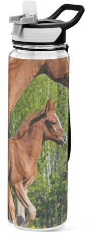 Mnsruu Transparente Sport-Wasserflasche mit Strohhalm, auslaufsichere Trinkflasche, Rosskastanie, arabische Stute, Fahrradflaschen für Sport, Büro, Schule, BPA-freier Tritan-Kunststoff, 1 Liter
