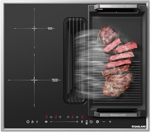 GASLAND IH604BFRB Placa de inducción autónoma de 60 cm con campana extractora integrada, 4 zonas de inducción con marco de acero inoxidable, PowerBoost, 7400W (sin plancha para parrilla)