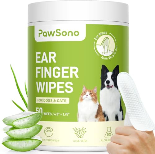 PawSono Finger Ear Wipes for Dogs & Cats, Pre-Moistened Dog Ear Cleaner | Pet Ear Wipes with Double-Sided Pearl Texture to Help Remove More Wax, Dirt & Debris, Aloe Scented, 50 Count