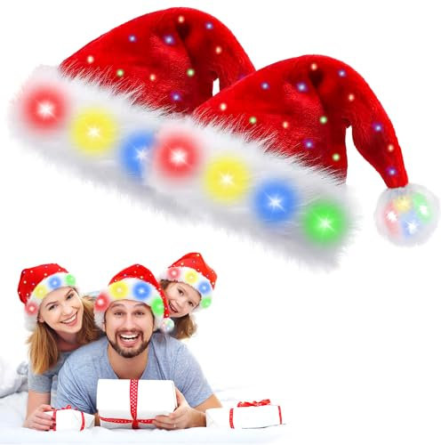 OWOAOOwl Weihnachtsmütze, Farbe LED Lichter Weihnachtsmütze, Nikolausmütze mit leuchtendem, Erwachsene Weihnachtsmütze Rot, Plüsch Weihnachtsmützen für Neujahr Festliche Weihnachtsfeier (2 Stück)