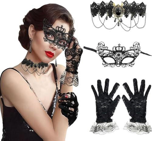 Gothic Schmuck Damen,Spitzenhandschuhe Schwarz,Spitze Maske,Maskerade Maske,3 Stück Halloween Steampunk Damen Zubehör,Vampir Kostüm damen Zubehör für Halloween Karneval Maskerade Cosplay Party
