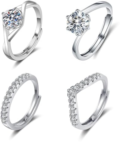 4Pcs Women's 925 Sterling Silver Ring Adjustable Cubic Zirconia Wedding | Engagement Anxiety Open Thumb Stacking Rings Mothering Sunday Gifts for Mom Friendship Jewelry Valentine Anniversary Easter