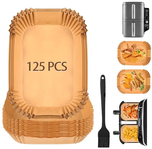 Fioxcomko 125PCS Air Fryer Liners for Ninja Double Stack XL Air Fryer SL400UK, Disposable Parchment Paper for Air Fryer Air Fryer Accessories for Ninja AF300UK, AF400UK, AF451UK Dual Air Fryer