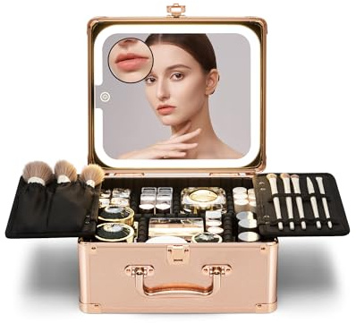 Yooaye Makeup Box with Detachable Lighted Mirror–Travel Train Case, Cosmetic/Storage Organizer & Makeup Suitcase with Adjustable Dividers & Magnetic LED Mirror (Rose Gold), Rose Gold, 9.8*4.9*9.6in,