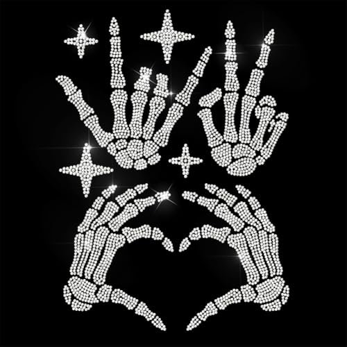 ANATTASOUL Rhinestone Iron on Transfers Skeleton Hand Gesture Glitter Diamante Hotfix Patches for Clothes, 11.6x8.2 Large Iron On Sequin Applique for T-Shirts Bags Jeans Jacket Caps Shoes DIY Decor