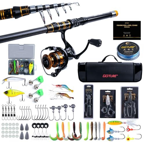 Goture Angelset mit Teleskop-Angelruten (24T Carbon), 2,4m Angelrute Set Komplett 5.2:1 Spinnrolle, 150m/14kg Schnur, Köderbox & Tragetasche – für Salz-/Süßwasser, Reisen–Angelgeschenk