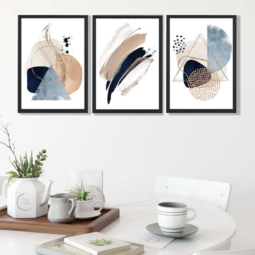 ARTZE Set of 3 Abstract Blue and Beige Wall Art Prints Only Size: (A3-29.7 x 42 cm)