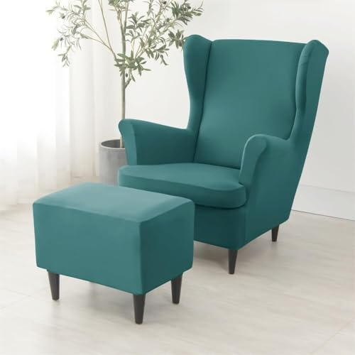 ABZDUNG 2 Pieces Stretch Wingback Chair Slipcovers and Ottoman Cover, 1 Seater Sofa Cover with Cushion Cover, Washable Removable for Bar Living Room Bedroom(Lago Blu)