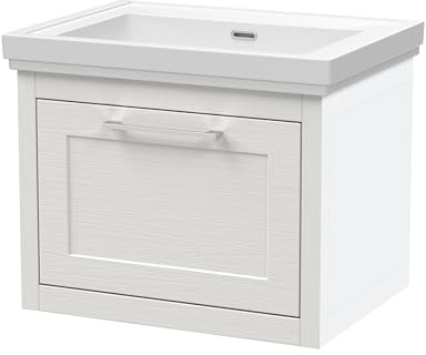 Balterley Vanity Unit with Basin Wall Hung, Single Drawer Soft Close with No Tap Hole Rectangular Sink and Handle, Bathroom Vanity Units, Traditional Design Sink Cabinet - 630 x 471 x 515mm (White)