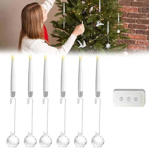 6PCS Christmas Tree Candles - LED Remote Control Flameless Taper Candles with Crystal Ball Hooks | 3 Lighting Modes | Battery Operated Christmas Decor, for Christmas Tree Home Party Decors(15cm) (B)