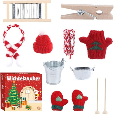 Joxessaien Wichteltür Zubehör Set Weihnachten, Miniatur Wichtel Wäscheständer mit Waschbrett, Metallbecken, Eimer, Holzwäscheklammern & Wäscheleine, detailreiche Mini Deko