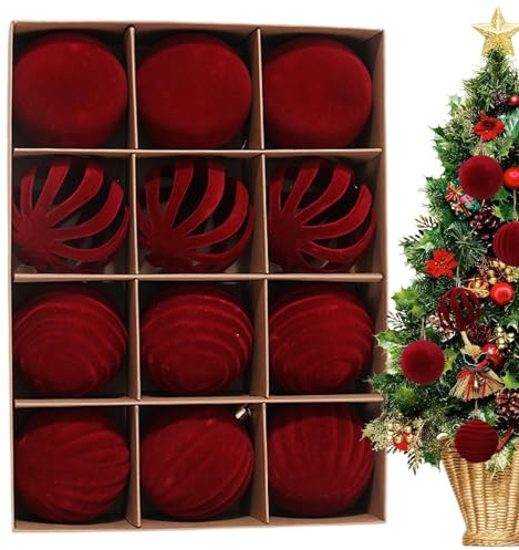 12 Esferas Terciopelo Rojo, 8cm Bolas de Ado-rnos de Navidad de Terciopelo, Ado-rnos de Navidad flocados de Color Burdeos, Bolas inastillables, para Guirnalda de árbol