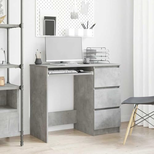 HUAKEHOM Schreibtisch mit 3 Schubladen Computertisch Bürotisch Arbeitstisch Laptoptisch PC Tisch Büromöbel Betongrau 90x45x76 cm Holzwerkstoff