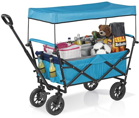 EASYmaxx Bollerwagen mit Dach faltbar | Klappbarer Handwagen | Transportkarre bis 80 kg belastbar | Kompaktes Design | Ausziehbarer Griff | 360° Vorderräder | Für Ausflüge, Garten, Festivals [Türkis]