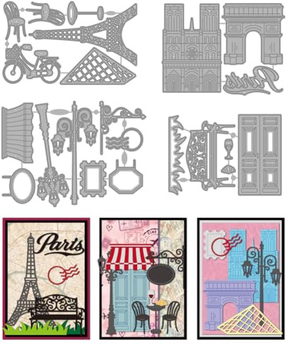 MAYJOYDIY Frankreich Architektur Eiffelturm Metall Stanzen Pariser Straßenlaternen Schablonen Bistro Tische & Stühle Prägeschablonen für DIY Papierkunst Kartenbasteln Scrapbooking Album Deko