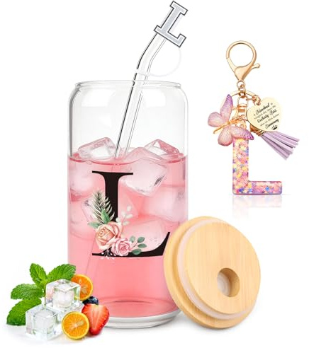 TUZELIYA Cadeaux personnalisés avec lettres de A-Z - Gobelet en verre avec couvercle et paille + porte-clés lettre - Cadeau pour femmes et filles, anniversaire, Saint-Valentin et Noël, L